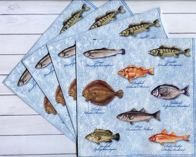 4 fish napkins decoupage Sea life paper napkins Fish with names serviettes 13x13 inch Scrapbooking paper