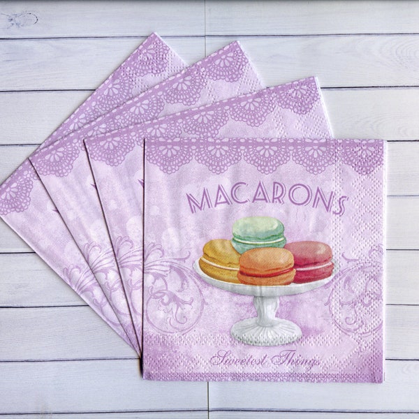 Ensemble de 4 serviettes en papier pour découpage macarons, cupcakes, serviettes en papier pour découpage, pour gâteau, papier de scrapbooking, fond violet 10 x 10 po.