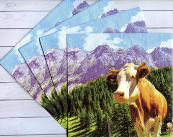 4 Cow decoupage napkins Animal serviettes decoupage Mountains napkins Switzerland cow 4 13x13 inches Craft paper napkin Scrapbook paper