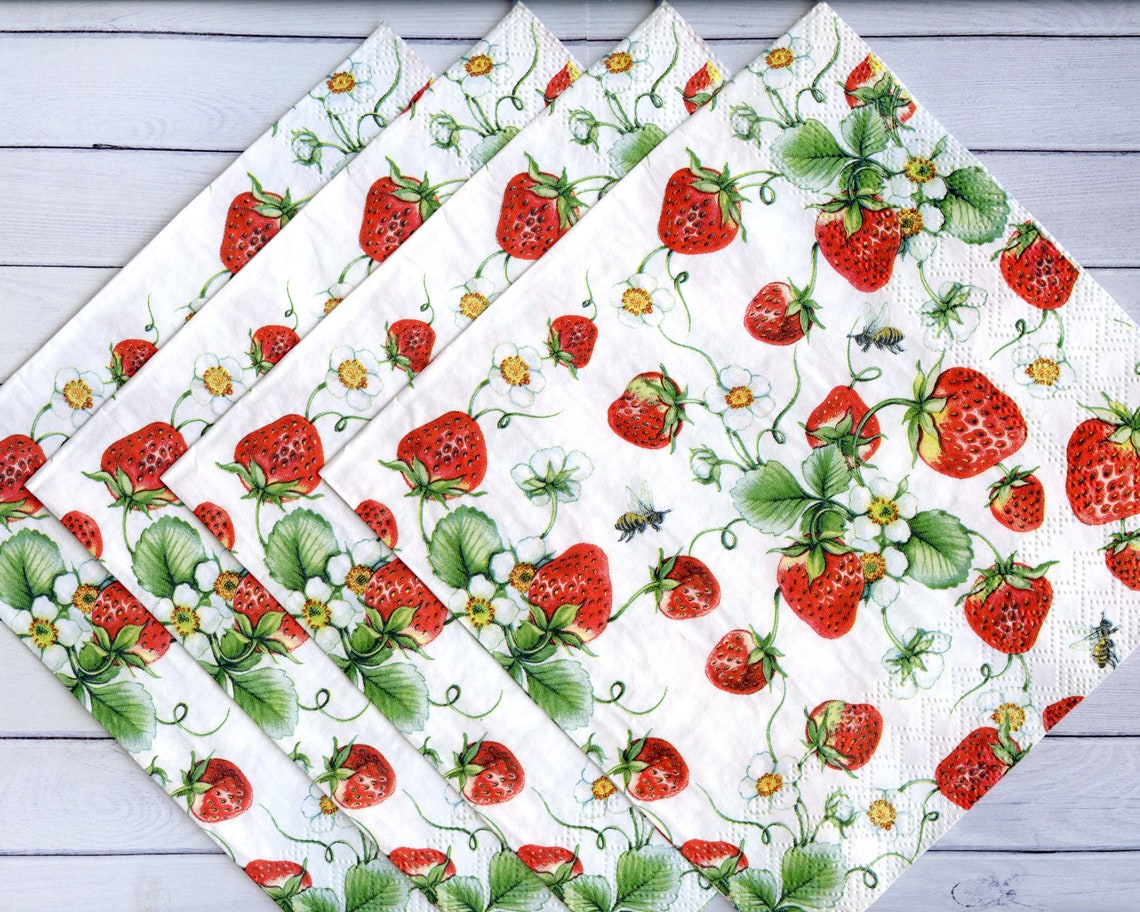 4 strawberry paper napkins decoupage Summer red berries paper Etsy