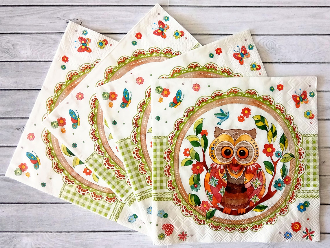 4 owl decoupage napkins Bird tissue serviettes Colorful owl Etsy
