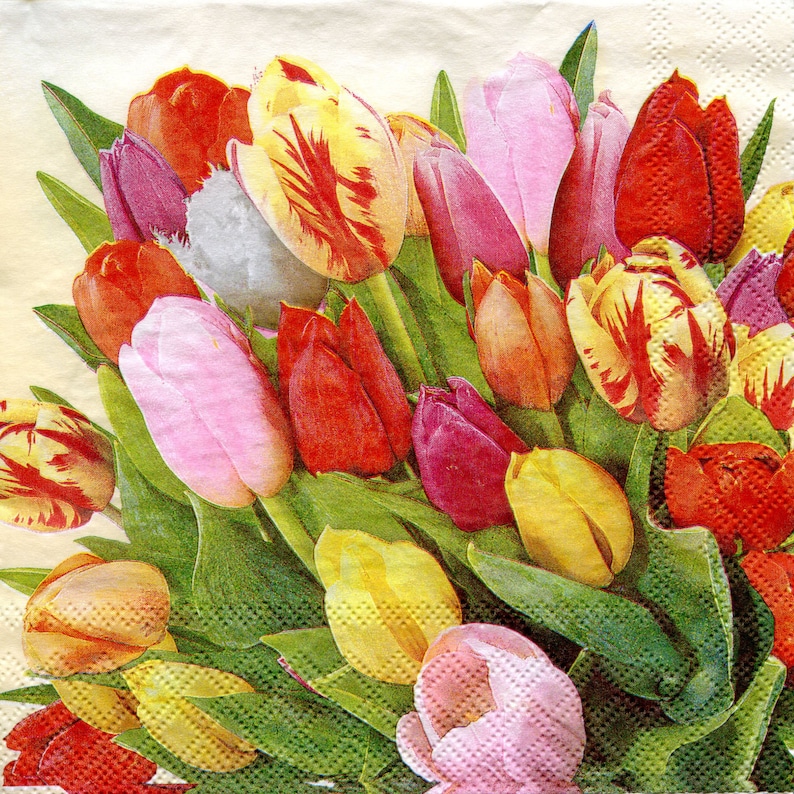 4 Tulip decoupage napkins Spring flower serviettes Spring paper napkin for decoupage 13x13 Craft paper Scrapbooking paper