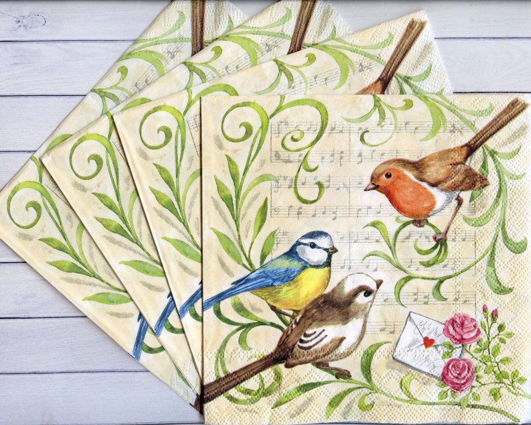4 Bird Decoupage Napkins Singing Birds Paper Napkin for Decoupage Music