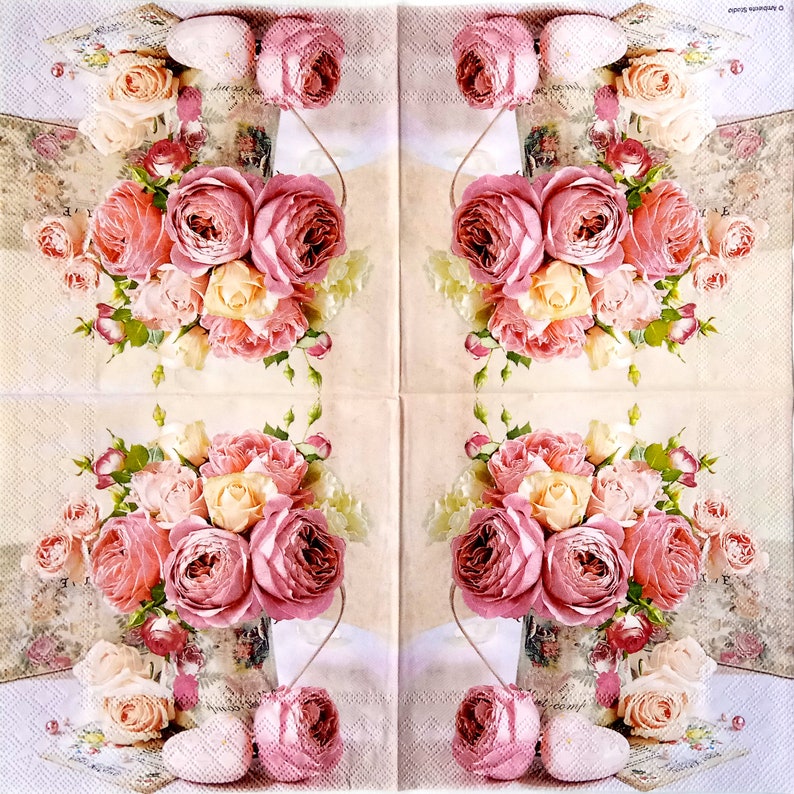 4 peonies and roses decoupage napkins Floral paper serviettes Pink flowers bouquet napkins decoupage 13 x 13 Craft tissue paper napkins