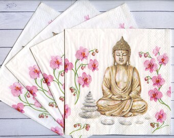 4 decoupage napkins Buddha India paper serviettes Pink orchids napkin for decoupage Craft tissue paper 13" x 13" Mixed media