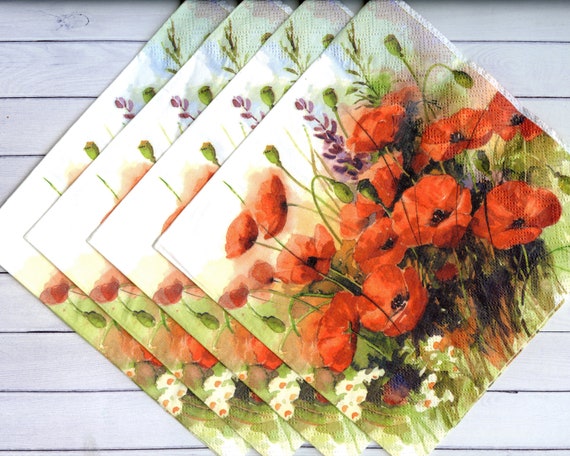 4 Red Poppy Decoupage Napkins Floral Paper Serviettes Wildflowers