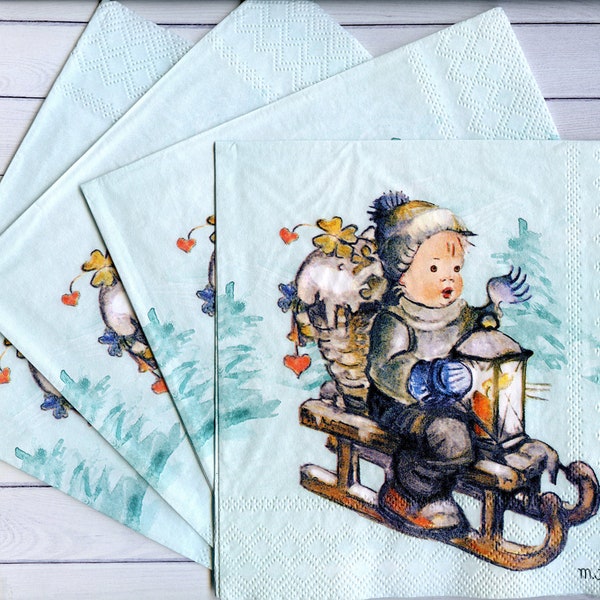 4 Winter decoupage napkins with little boy on sleigh Christmas tissue napkins Children paper serviettes 13" x 13" Blue craft napkins