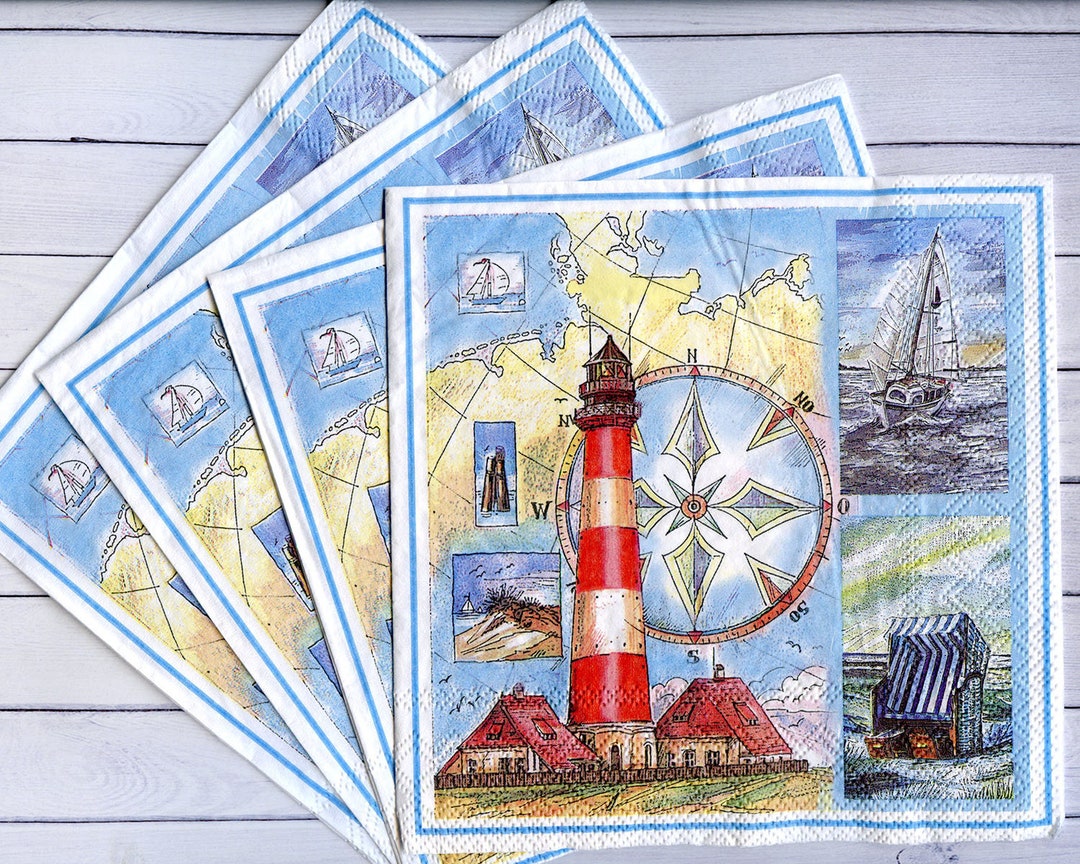 4 Sea Decoupage Napkins Lighthouse Sailing Map Paper Napkin Etsy