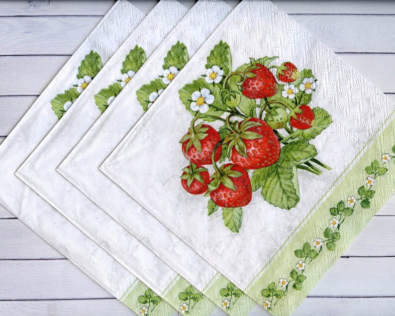 4 strawberry decoupage napkins Summer red berries paper Etsy