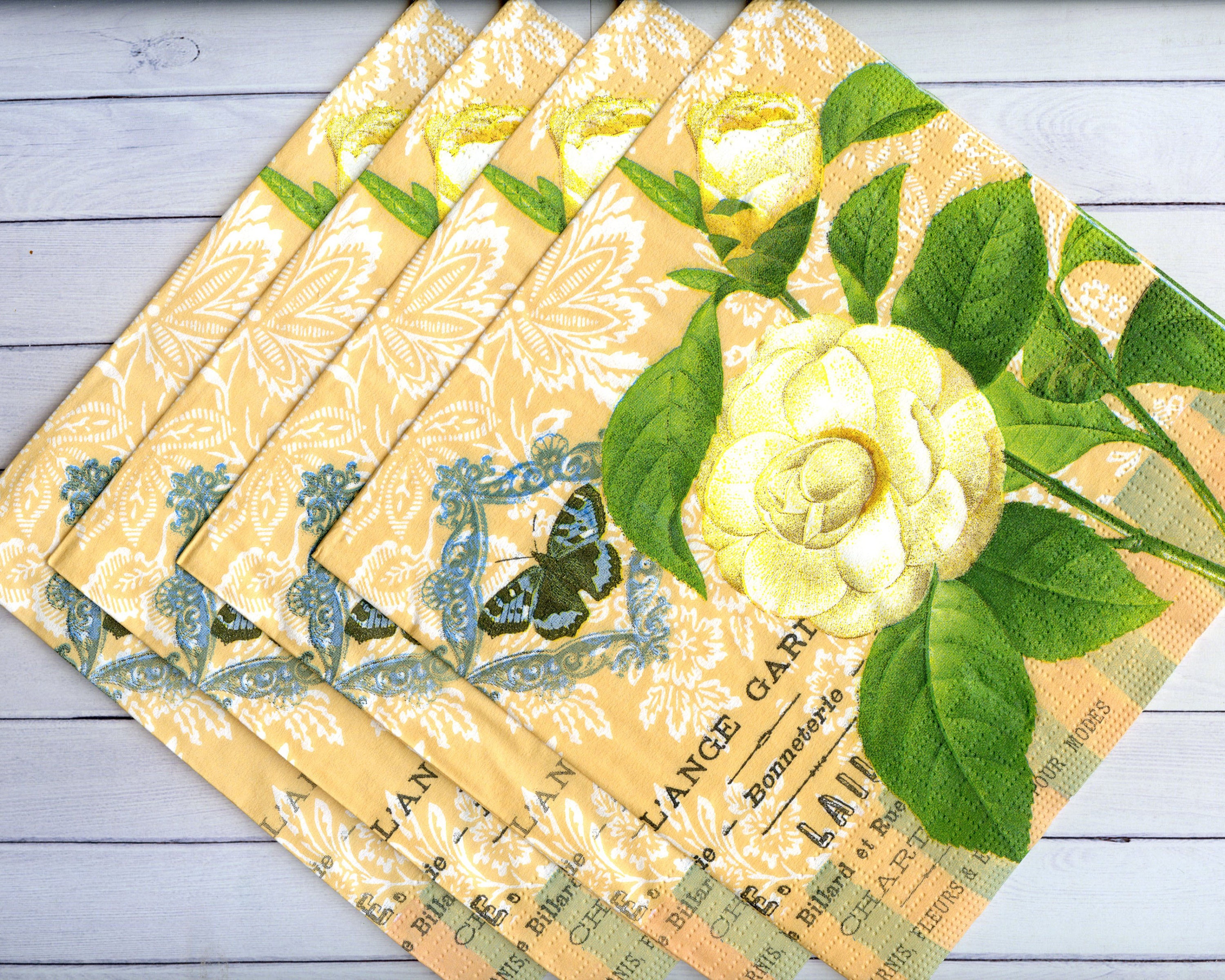 4 yellow rose napkin for decoupage Floral vintage paper Etsy