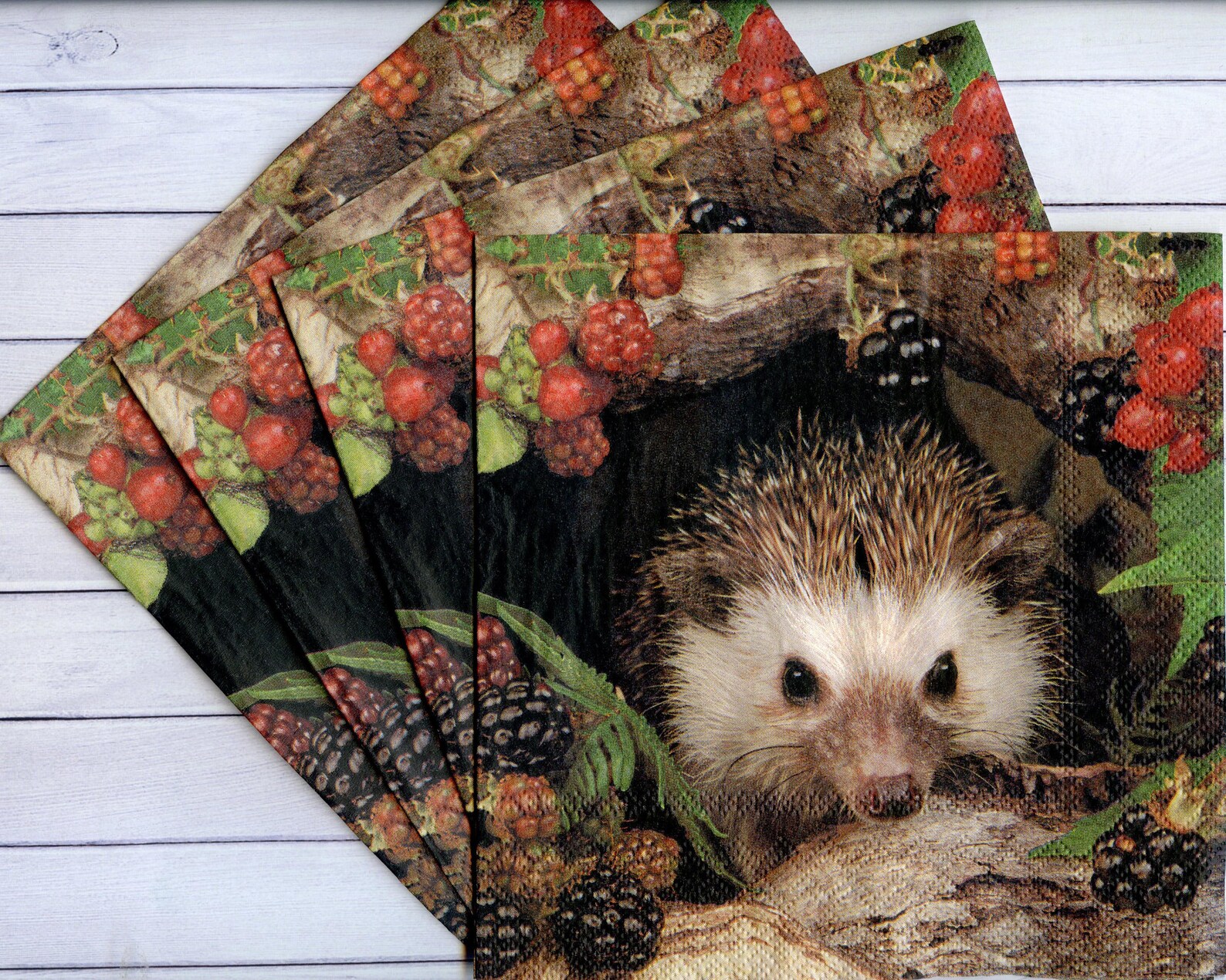Set of 4 animal decoupage napkins Hedgehog and berries napkin Etsy Polska