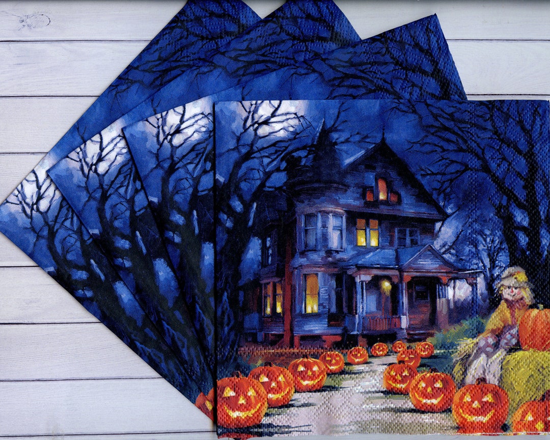 4 Halloween Decoupage Napkins Night Scary House Paper Napkin for