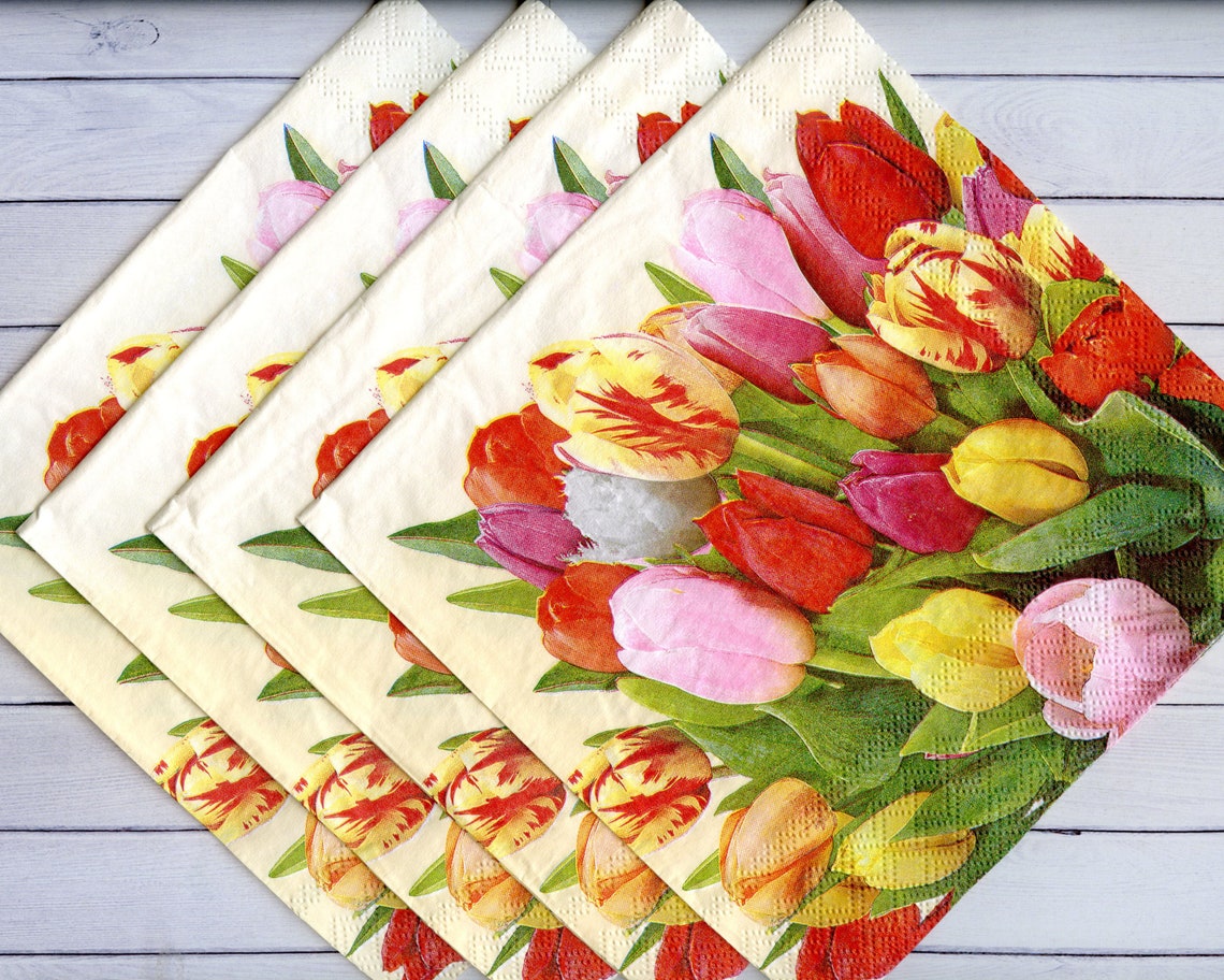 4 Tulip decoupage napkins Spring flower serviettes Spring Etsy