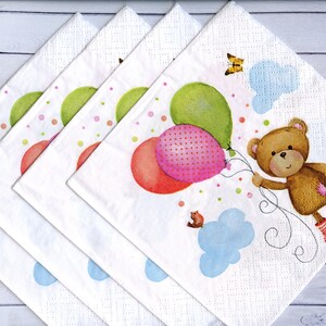 Set of 4 decoupage napkins Teddy bear with balloons paper napkin for decoupage Kids paper serviette Craft tissue napkin image 2