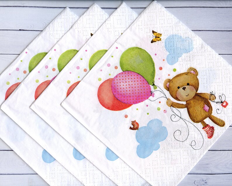 Set of 4 decoupage napkins Teddy bear with balloons paper napkin for decoupage Kids paper serviette Craft tissue napkin image 2