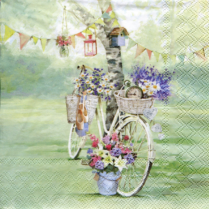 Set of 4 Vintage bike napkins for decoupage Paper serviettes Retro bicycle flowers paper napkin 4 decoupage napkins 33x33 Scrapbooking paper