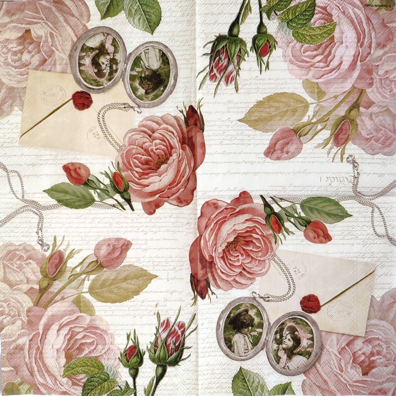 4 Vintage decoupage napkins with medallion Pink rose napkins Etsy