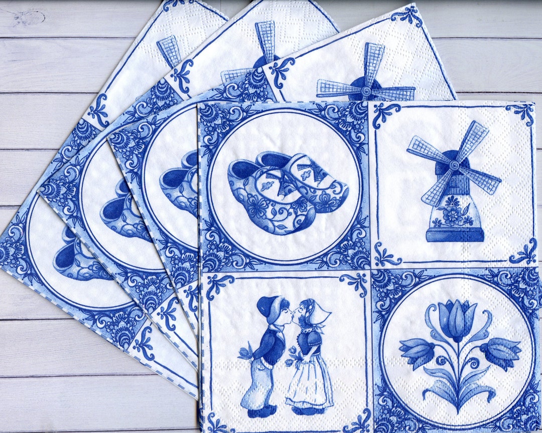 Set of 4 Holland Paper Napkin for Decoupage Blue Tiles Paper Serviettes