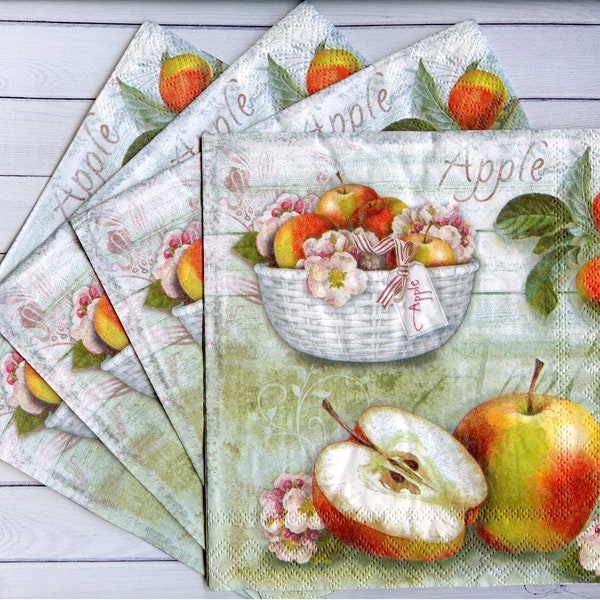4 serviettes en papier pommes pour découpage Serviettes fruits 13x13 Pommes dans le panier serviette de découpage Collage d'été Serviettes en papier créatives