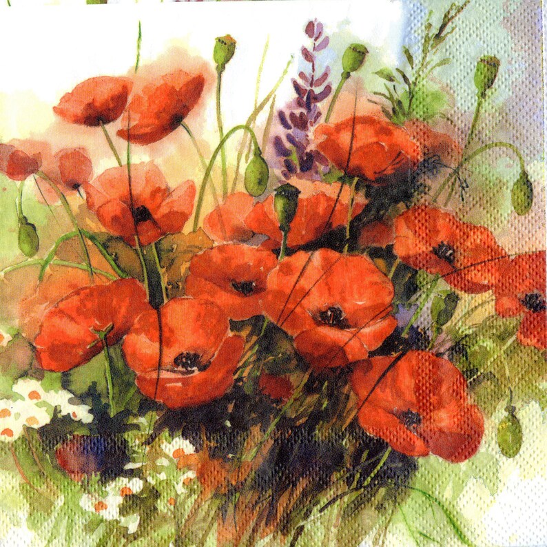 4 Red poppy decoupage napkins Floral paper serviettes Etsy