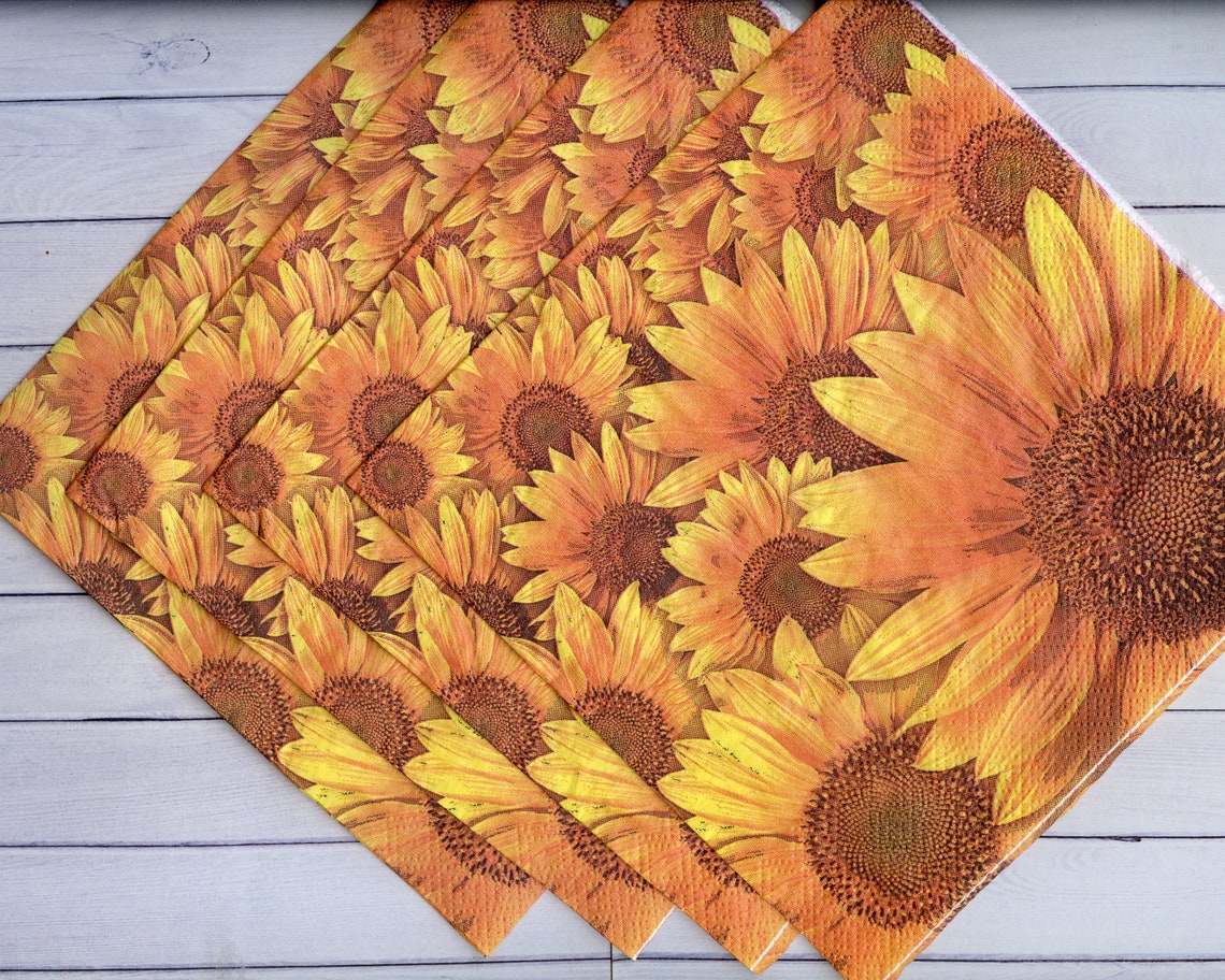 Set of 4 sunflower decoupage napkins Floral paper serviettes Etsy