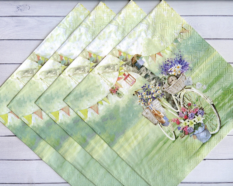Set of 4 Vintage bike napkins for decoupage Paper serviettes Retro bicycle flowers paper napkin 4 decoupage napkins 33x33 Scrapbooking paper