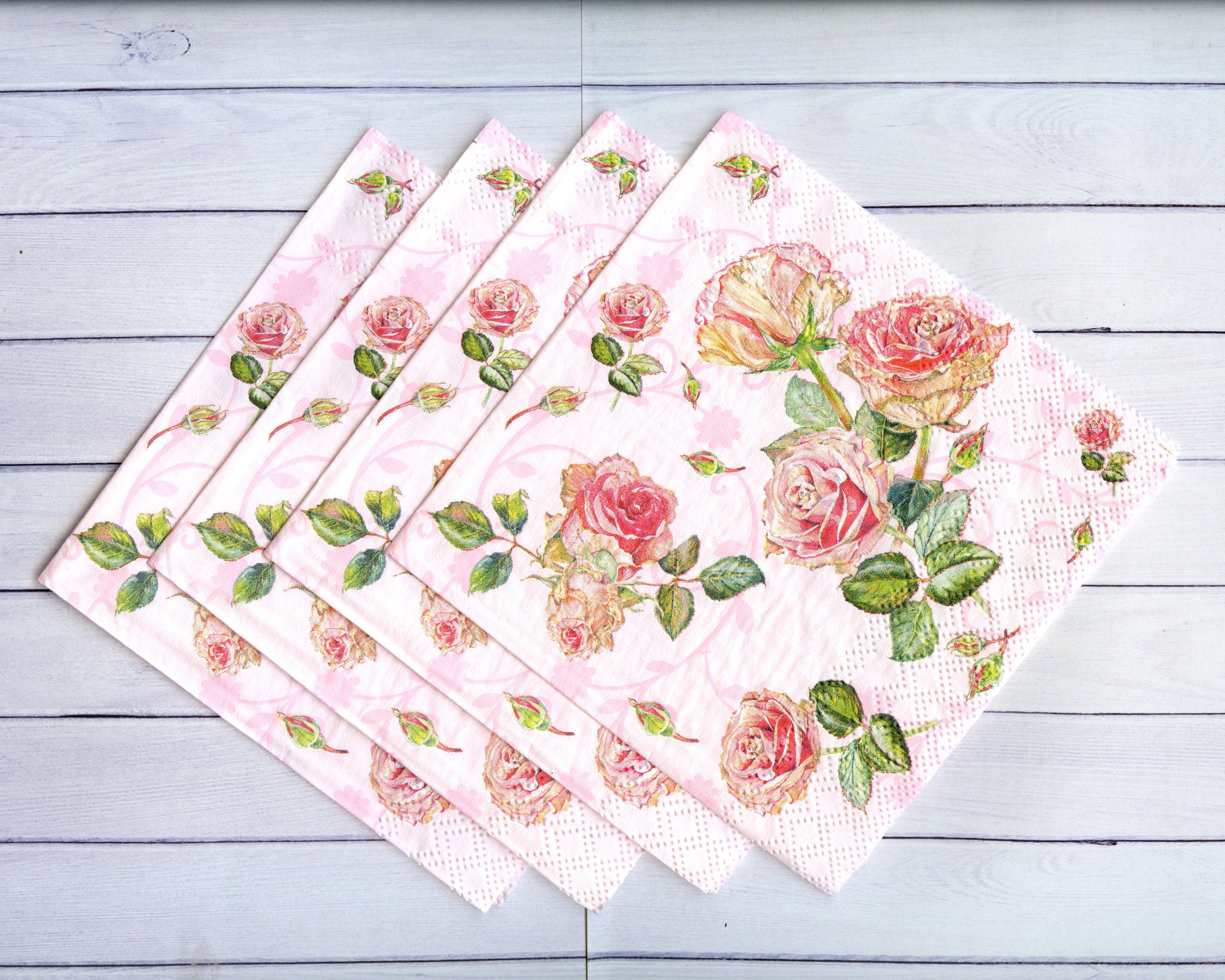 4 Pink Roses Napkin for Decoupage Floral Paper Serviettes Summer Flowers Decoupage  Napkins 10 X 10 Inch Craft Paper Napkins Mixed Media 