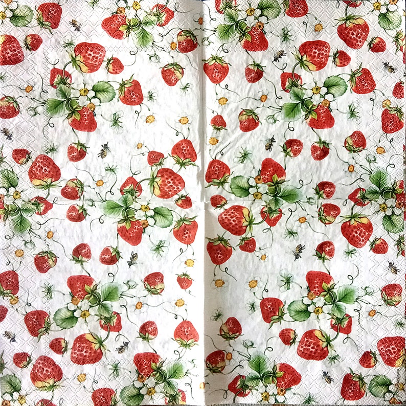4 strawberry paper napkins decoupage Summer red berries paper Etsy