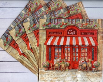 Set of 4 paper napkin for decoupage with Paris cafe  Paper serviettes Decoupage napkins13x13 inches Craft paper napkins Mixed media