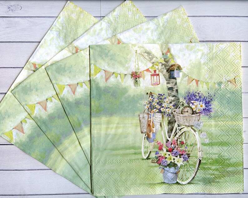 Set of 4 Vintage bike napkins for decoupage Paper serviettes Retro bicycle flowers paper napkin 4 decoupage napkins 33x33 Scrapbooking paper
