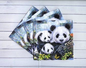 4 Panda decoupage napkins Panda mother with baby Animal paper napkin for decoupage Wildlife craft paper serviettes 10" x 10"