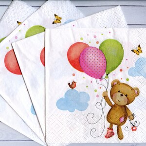 Set of 4 decoupage napkins Teddy bear with balloons paper napkin for decoupage Kids paper serviette Craft tissue napkin image 1