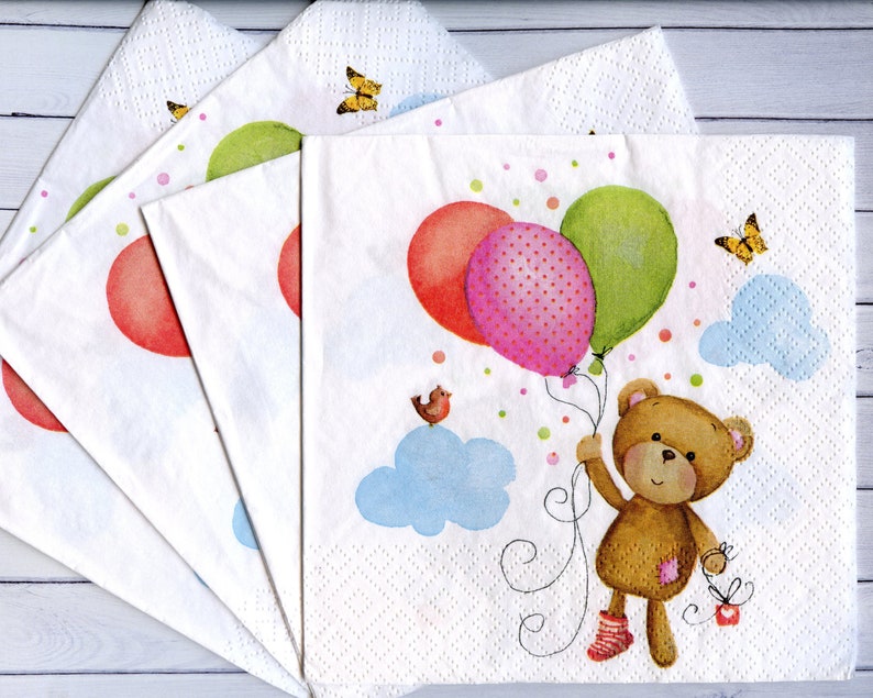 Set of 4 decoupage napkins Teddy bear with balloons paper napkin for decoupage Kids paper serviette Craft tissue napkin image 1