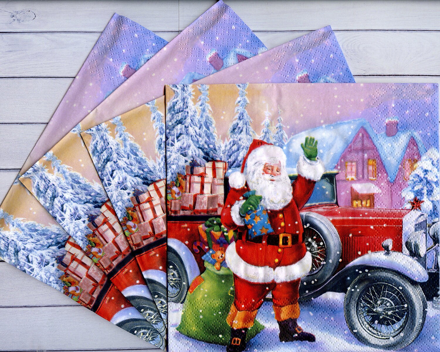 4 Christmas decoupage napkins with Santa near red truck Winter Etsy