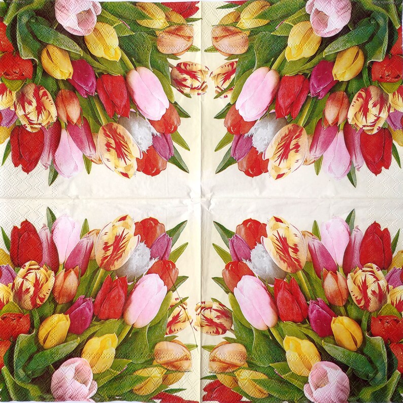 4 Tulip decoupage napkins Spring flower serviettes Spring paper napkin for decoupage 13x13 Craft paper Scrapbooking paper