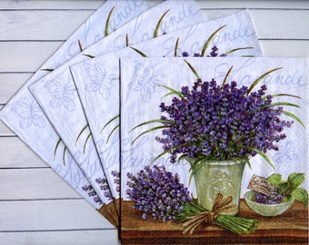 Set of 4 lavender decoupage napkins Lavender bouquet napkins Floral paper serviettes Provence style craft paper napkins 13" x 13"