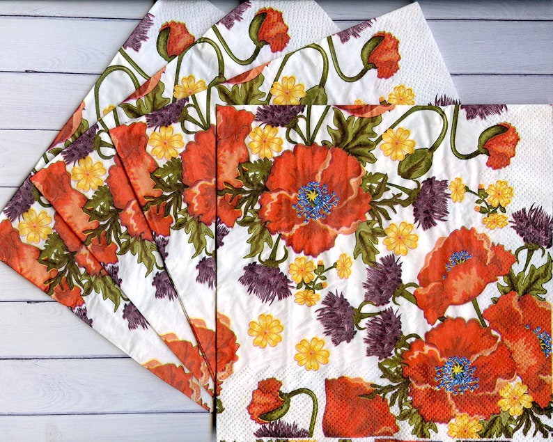 Set of 4 red poppy napkins decoupage Floral paper serviettes Etsy