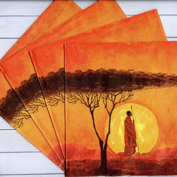 4 African decoupage napkins African sunset paper serviettes Maasai man napkins Savannah napkins 13x13 inches  Craft paper napkins