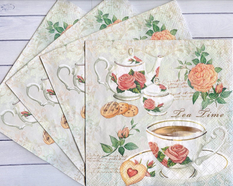 Set of 4 Tea decoupage napkins Tea cup Teapot with roses Tea Etsy