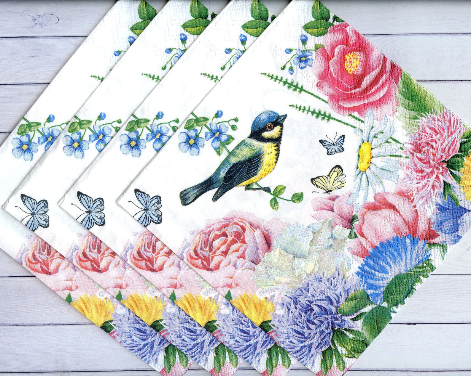 4 birds paper napkins for decoupage Blue tit and flowers Etsy