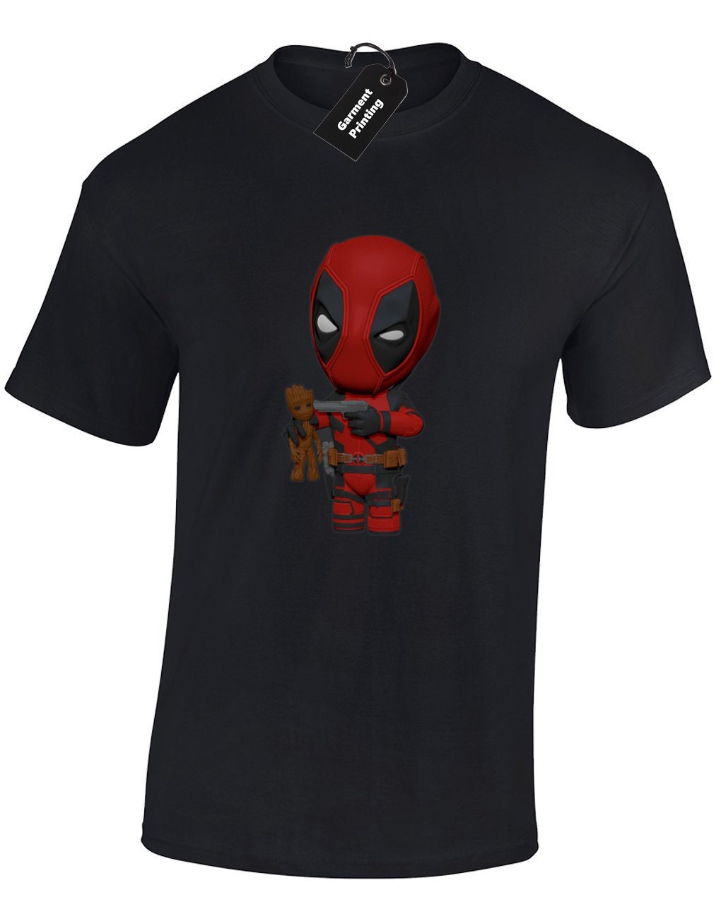 Image of Baby Deadpool Groot Toy Mens T-Shirt Unisex Funny Guardians War End Avengers Marvel Superhero Galaxy Infinity Game Movie Film Gift