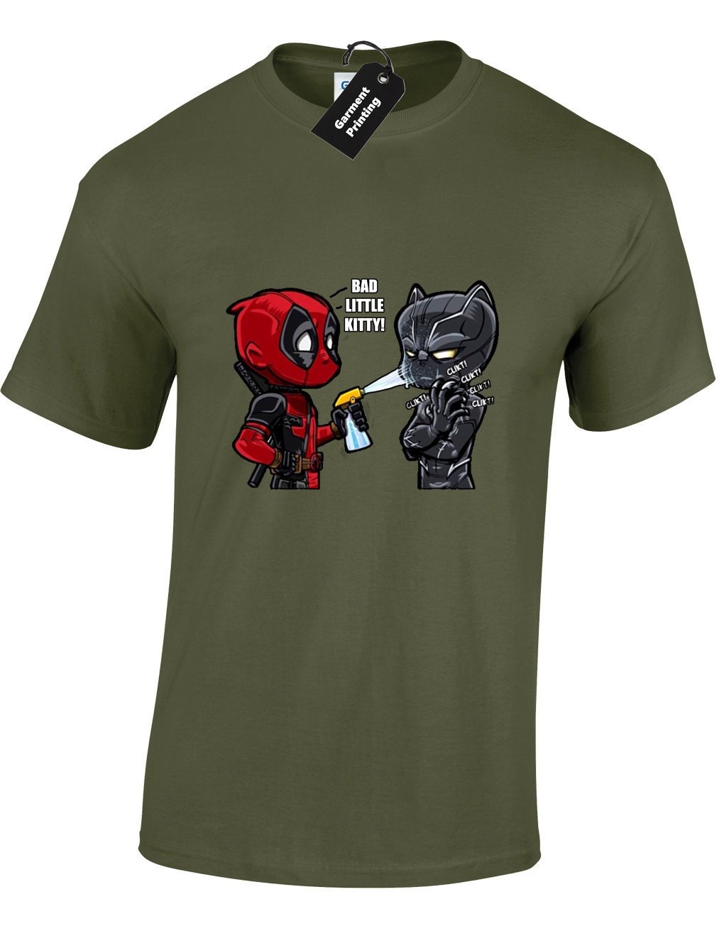 Image of Bad Little Kitty Mens T-Shirt Unisex Deadpool Black Funny Panther Wade Joke Wakanda Avengers Wilson Superhero Film Movie Gift Present