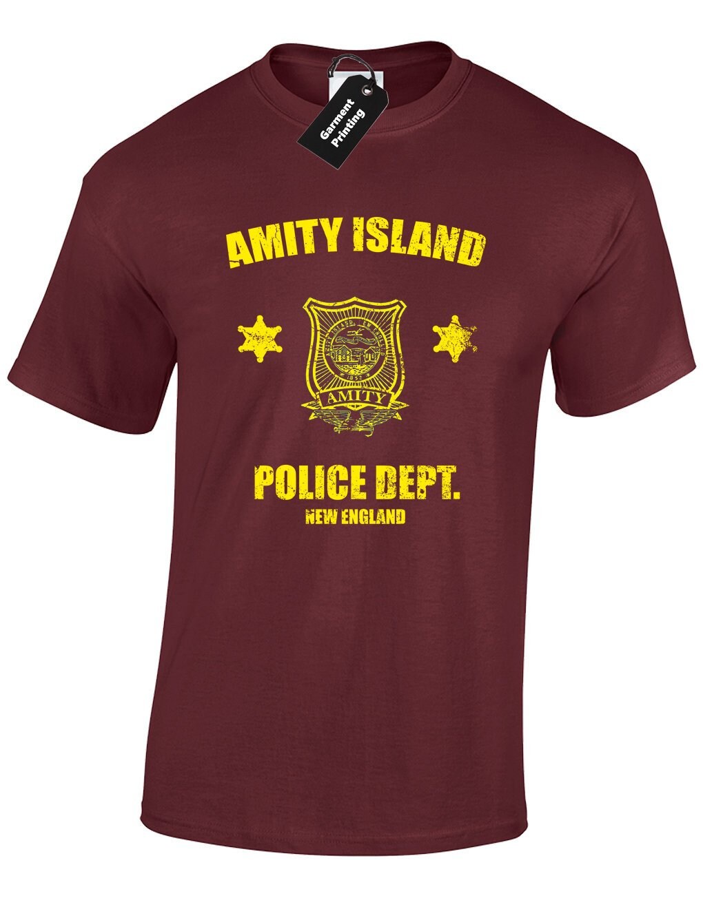 Image of Amity Police Mens T-Shirt Unisex Jaws Quints Shark Retro Boat Beach Resort Vintage Movie Island Cool Surf Scary Classic Film Present Gift