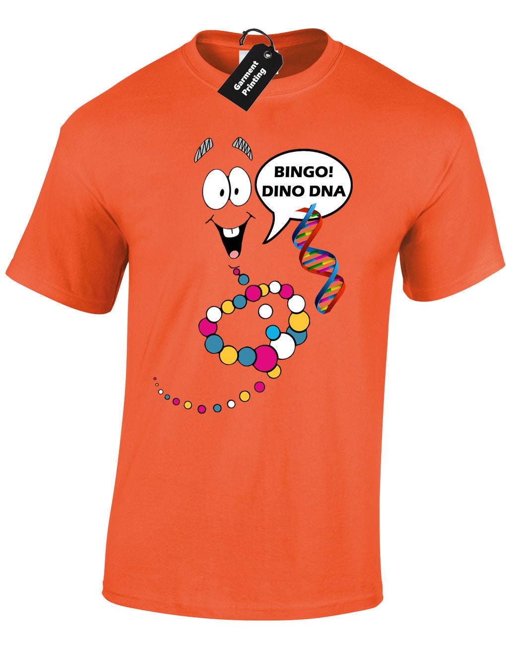 Image of Bingo Dino Dna Mens T Shirt Unisex Jurassic Dinosaur Park Raptor World Trainer Scary Gift T-Rex Retro Film Movie Inspired Funny Novelty