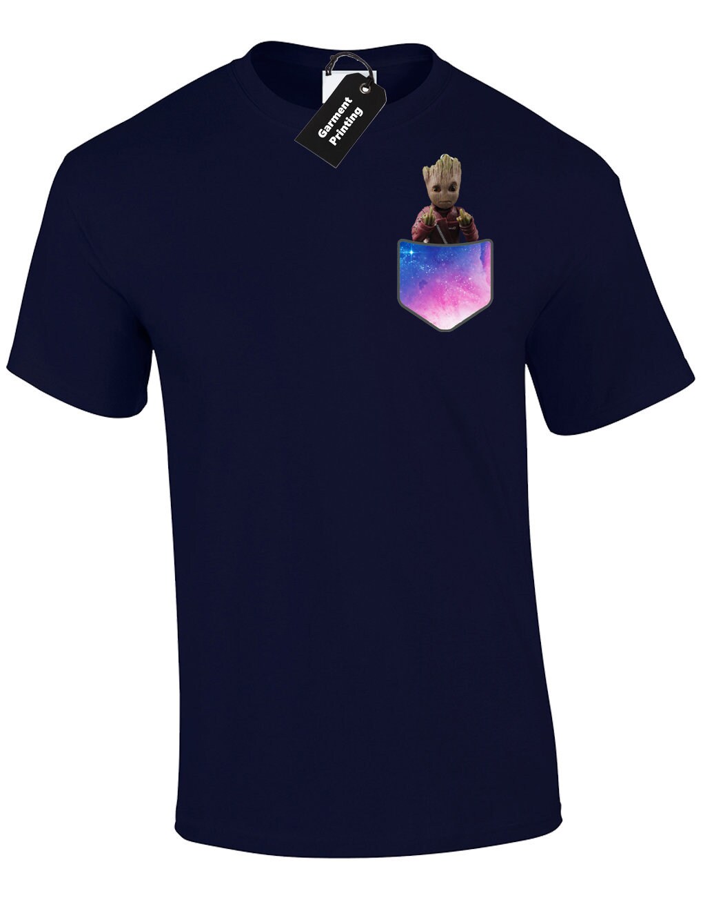 Image of Baby Groot Middle Finger Pocket Mens T-Shirt Unisex Guardians End Infinity Avengers Scavengers Funny Rude Galaxy War Game Gift Present