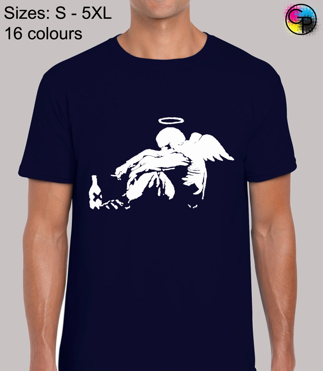 Image of Banksy Drunken Angel Mens T Shirt Unisex Funny Joke Street Art Graffiti Urban Dope Artist Fan Hipster Beer Wine Retro Cool Gift Top