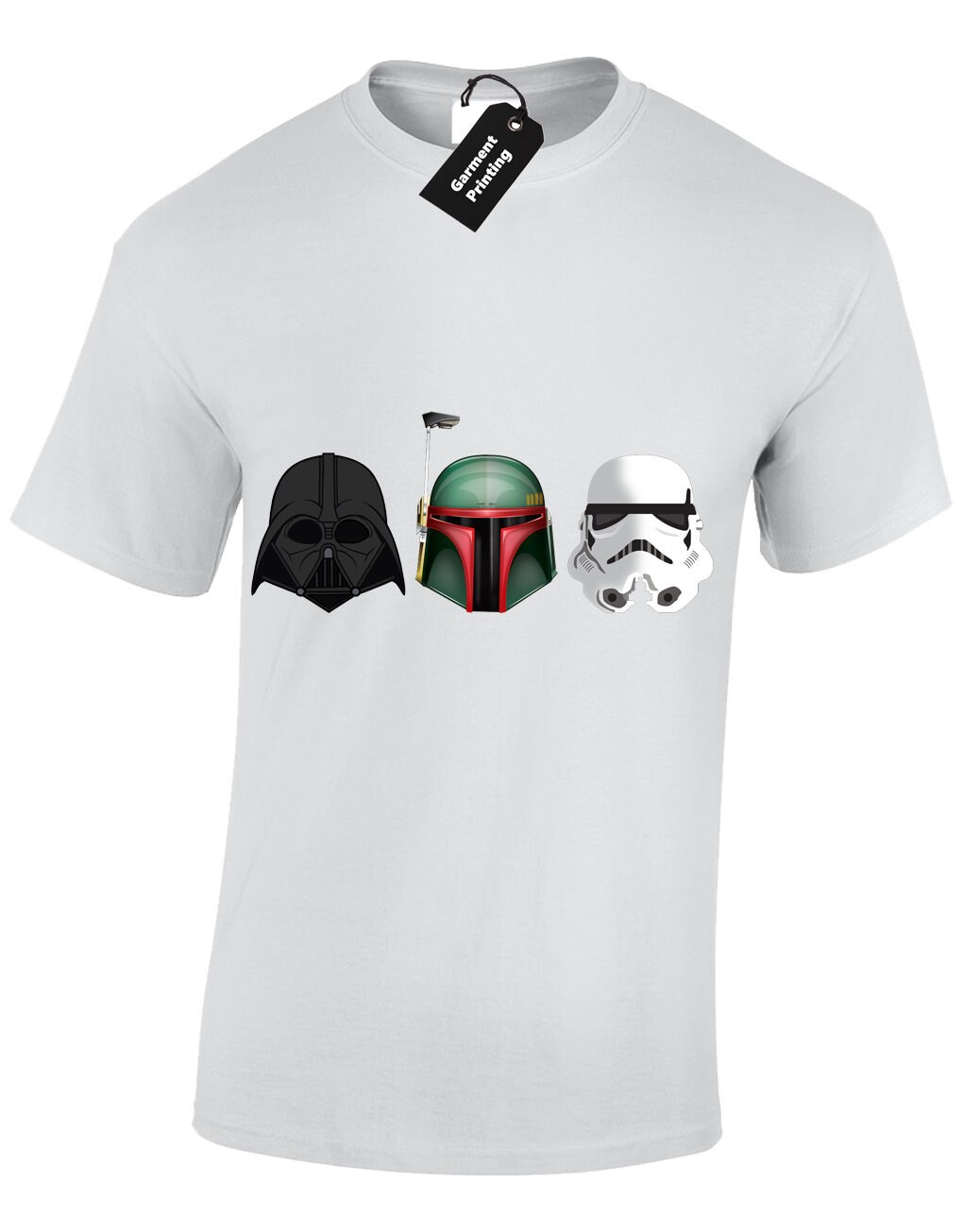 Image of 3 Helmets Mens T-Shirt Unisex Star Trooper Storm Wars Jedi Boba Darth Fett Sith Yoda Luke Han Force Rogue Chewbacca Ewok Film Movie Classic