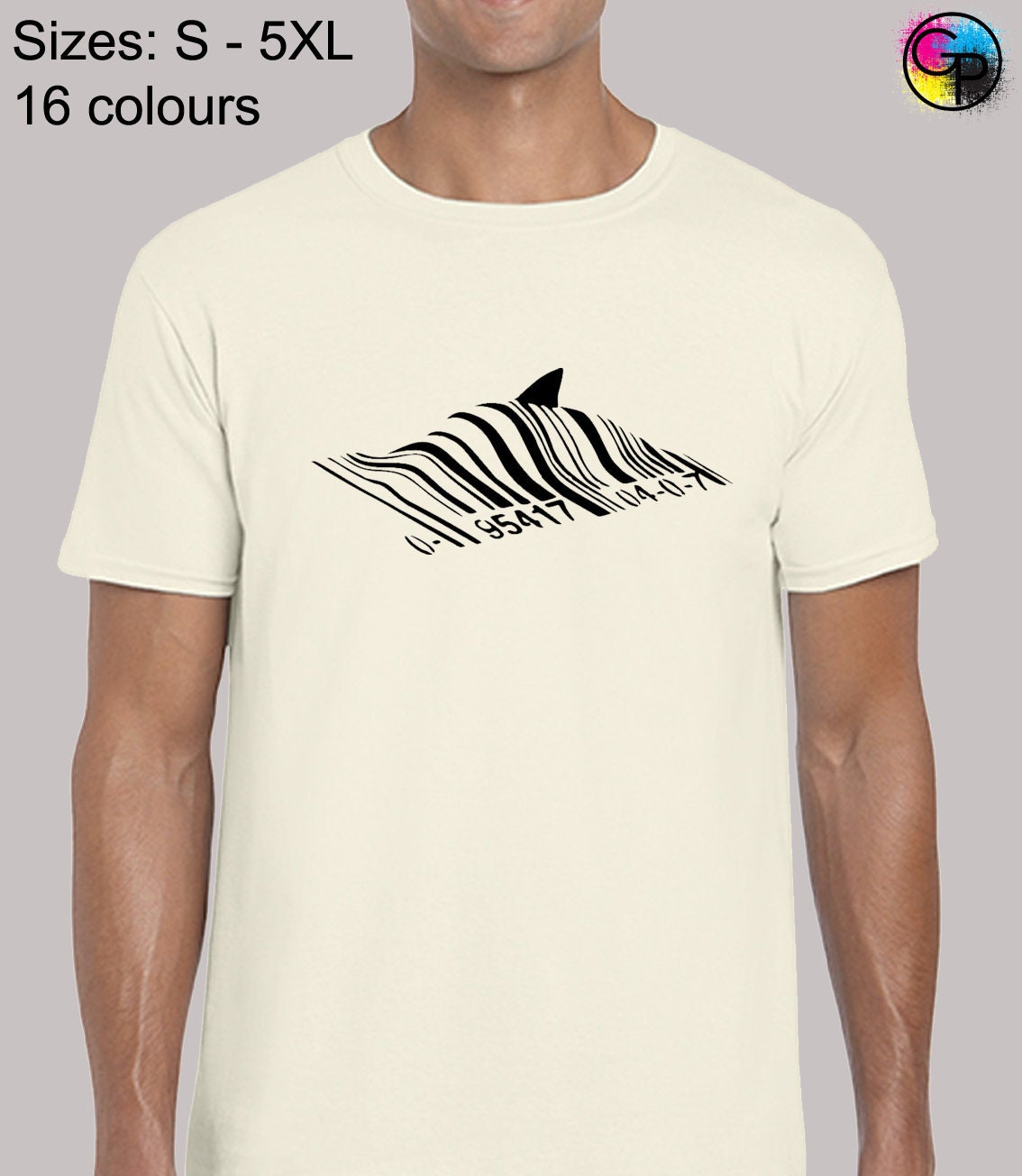 Image of Barcode Shark Mens T Shirt Unisex Funny Banksy Street Graffiti Art Artist Novelty Cool Hipster Fashion Design Present Gift