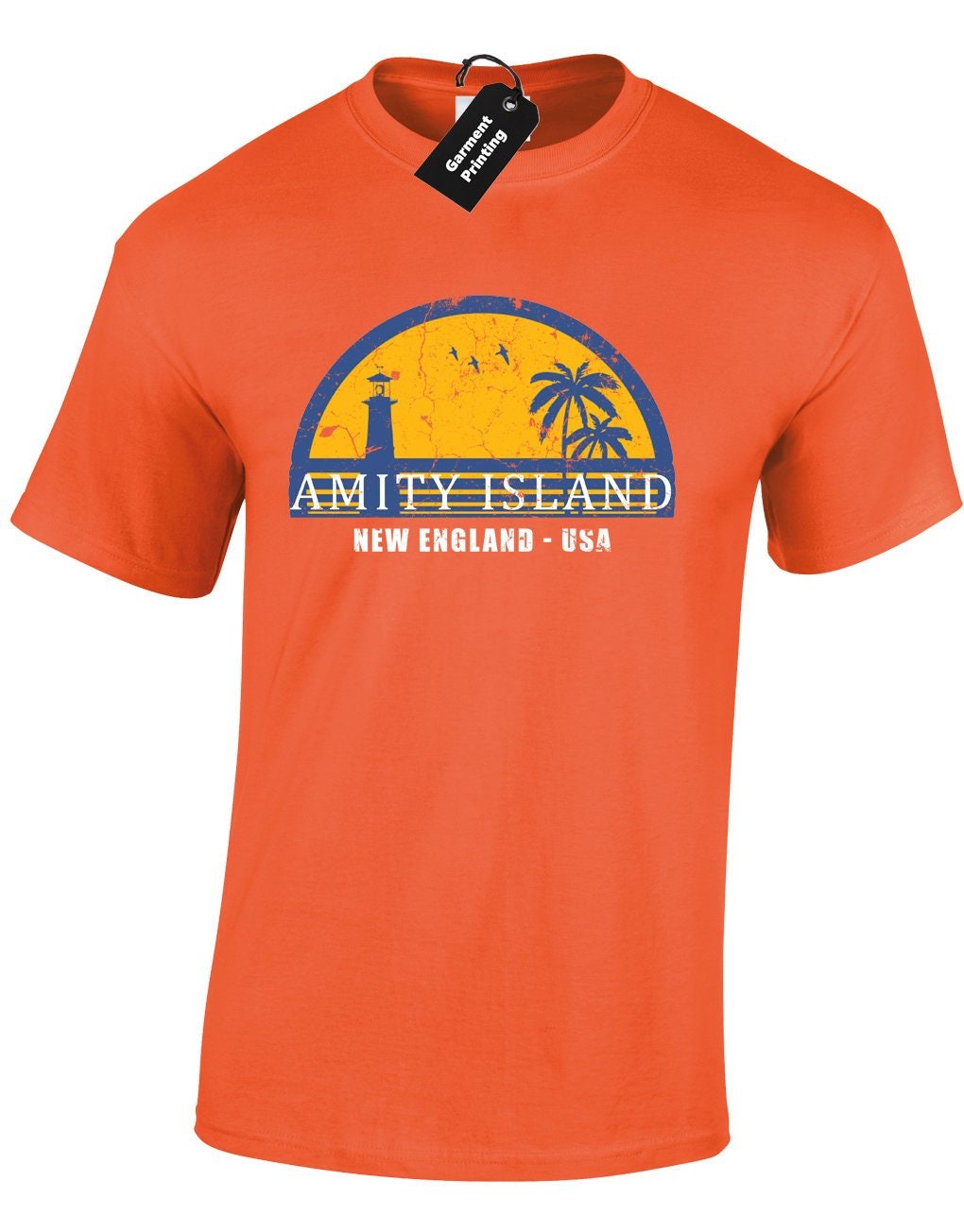 Image of Amity Island Mens T-Shirt Unisex Jaws Quints Shark Retro Boat Beach Resort Vintage Movie Cool Surf Scary Classic Film Present Gift