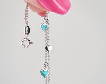 Bracelet turquoise 2-row with hearts 925 silver rhodium-plated